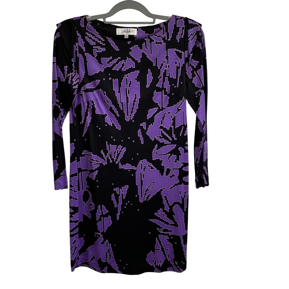Vtg Tibi Mini Dress Long Sleeve Party Cocktail Open Back Purple Black XS Artsy‎
